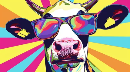 Foto op Plexiglas Wow pop art cow face. Cow with colorful glasses pop art background. Animals characters  © Furkan