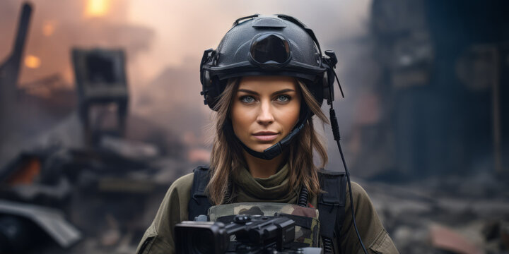 A female military correspondent in a helmet and bulletproof vest is reporting from the scene, telling the news about the war against the background of destroyed buildings.