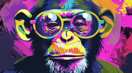 Wow pop art monkey face. Monkey with colorful glasses pop art background. Animals characters	