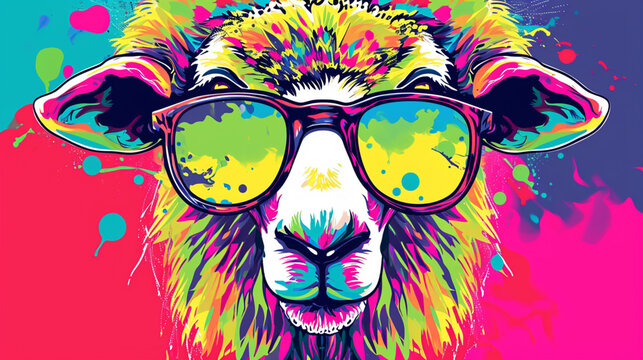 Wow pop art sheep face. Sheep with colorful glasses pop art background. Animals characters	