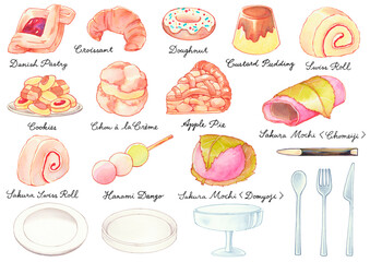 Wagashi & Teacakes illustration set.  | Japanese sweets, Sakura sweets, Baked sweets, Tea time, Tea break. | Set of isolated objects.