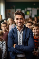 Obraz premium Happy teacher standing with arms crossed in front of a group of students