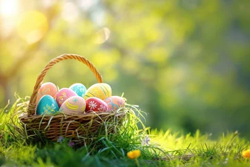 Foto op Canvas Easter Painted Eggs In Basket On Grass In Sunny Orchard Easter Painted Eggs In Basket On Grass © PinkiePie