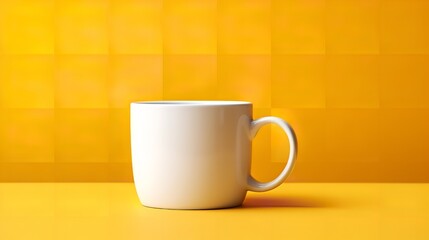 A white mug in a Yellow backdrop with yellow surface and a big copy space for text, Generative AI.