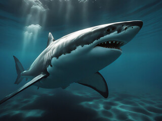 Great white shark in swimming the ocean. Blue hues and natural lighting from above surface water.