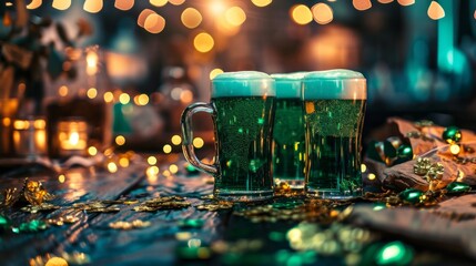 Green beer for Saint Patrick's Day celebrations. Feast of St. Patrick.  - obrazy, fototapety, plakaty