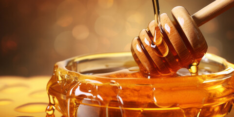 transparent amber honey is poured into a glass jar on a blurred background with a bokeh. - obrazy, fototapety, plakaty