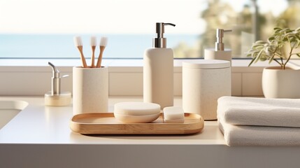 Fototapeta na wymiar a sand-made bathroom set, featuring soap dispensers, toothbrush holders, and trays, blending functionality with coastal-inspired design for a harmonious home atmosphere.
