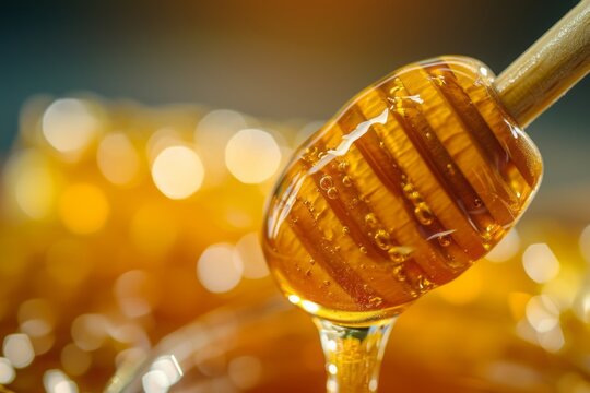 transparent amber honey is poured on a blurred background with a side.