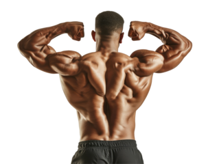 A fit man showcasing his muscular back on transparent background.