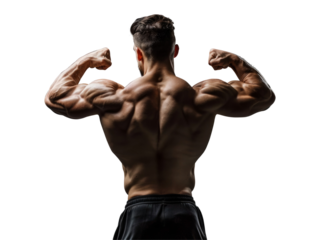 A fit man showcasing his muscular back on transparent background.