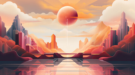 Geometric abstraction illustration of a futuristic city of the future at sunset. The concept of an unusual utopia or an alternative reality - obrazy, fototapety, plakaty
