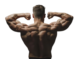 A fit man showcasing his muscular back on transparent background.