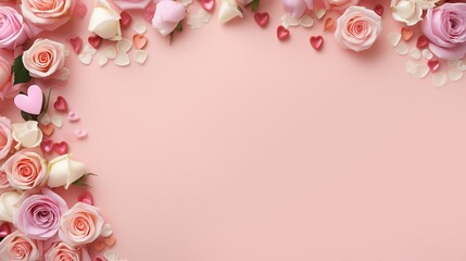 Captivating Mother's Day Concept: Top View of Love and Celebration with Small Roses, Hearts, and Sprinkles on a Pastel Pink Background - Perfect for Greeting Cards and Emotional Designs!