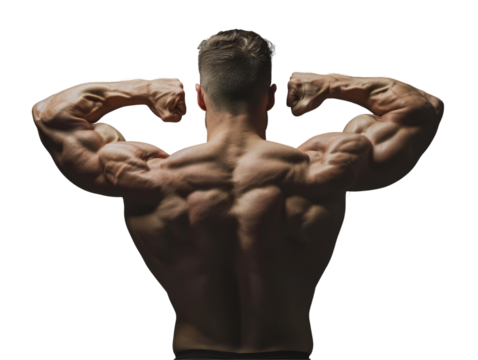 A fit man showcasing his muscular back on transparent background.