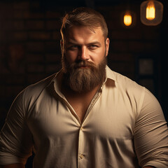 Obraz premium portrait of blond mature man, beefy rotund handsome male persona. style, elegant, crew cut, full beard, smile. gentle, loving, kind, tender guy. earth tones, dark background.