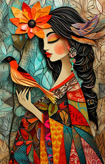 Illustrated woman Portrait in cubism art Style, Colorful Mosaic 