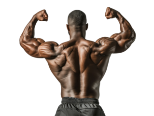 A bodybuilder displaying his strong back muscles.
