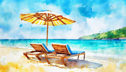 Summer vacation loungers on sea beach landscape, beautiful seascape, seaside holiday, watercolor