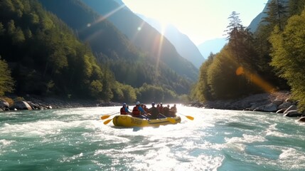 Rafting on large boat on mountain river. Team cohesion, team building. - obrazy, fototapety, plakaty