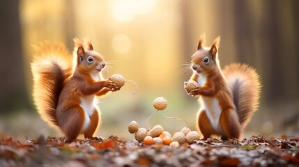 three jubilant squirrels engaged in a friendly game of acorn tag, their bushy tails adding a dynamic touch to the scene against a pure white setting. - obrazy, fototapety, plakaty