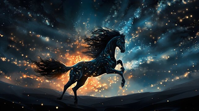 A surreal image of a horse made of stars running across the night sky
