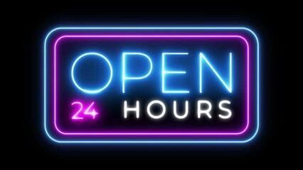 open 24 hours neon animated advertising lights animation open 24 hours 4k motion graphic looping alpha