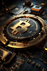 Obraz premium Bitcoin cryptocurrency, circuit background, Generative AI
