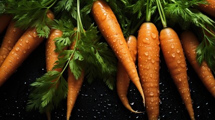 Fresh carrots with green leaves on a black background - obrazy, fototapety, plakaty