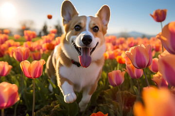 Joyful Corgi in a Field of Tulips - happy and energetic Corgi dog is captured mid-leap among a vibrant field of blooming tulips - obrazy, fototapety, plakaty