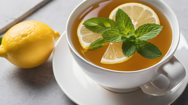 tea in a white mug with lemon and mint on an isolated white background