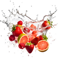 strawberry and Lemon Food splashing in the water on a png background.