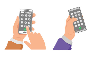 Dial number concept set. Hand holding the phone with the keypad with numbers on the screen. Keyboard template in touchscreen device. Phone call. Vector illustration element for web, print.