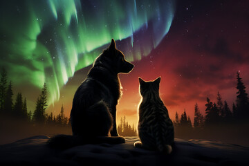Cat and Dog Admire the Northern Lights