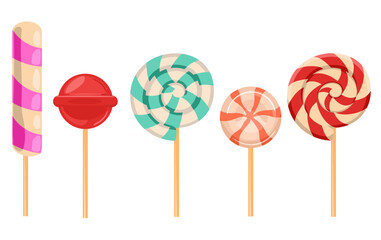 Sweet candy lollipops, spiral, round hard sugar candies on stick. Caramel suckers with striped swirls. Colored bonbon on stick with fruit and berry tastes. Vector cartoon set isolated on background