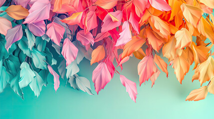 Elegant colorful with vibrant leaves hanging branches illustration background. Bright color 3d abstraction wallpaper for interior mural, Generated by AI	