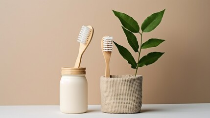 No plastic concept. Top view photo of jar with toothpaste natural cosmetics soap dental floss toothbrushes hair brush cotton buds green plant leaves and wooden stands on isolated beige background - obrazy, fototapety, plakaty