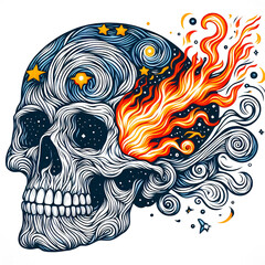 Starry skull with fire illustration, design element for tattoo, t shirt, logo, poster, card, banner, emblem