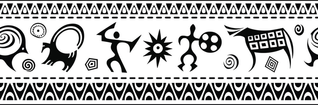 Ethnic seamless border on the theme of rock paintings, vector design, banner	