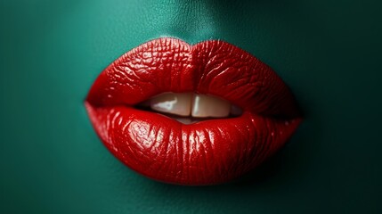 Red lips on a green background. Beauty industry style illustration. Red lipstick