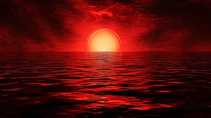 Fotobehang 黒赤の抽象的な背景。静水中の光の反射GenerativeAI © enopi