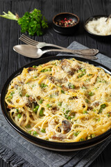 baked chicken tetrazzini in baking dish, top view