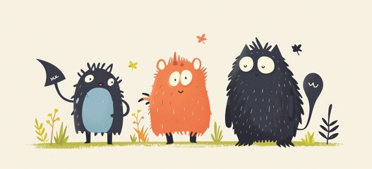 Three whimsical monsters in friendly gathering, children's illustration. Creative design for kids.