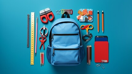 Captivating Top View Composition of School Supplies on Blue Background – Alphabet Letters, Notebooks, and More