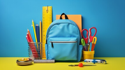 Captivating Top View Composition of School Supplies on Blue Background – Alphabet Letters, Notebooks, and More