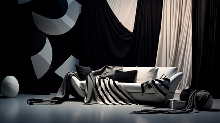 Elegant living room interior featuring a modern black sofa with an assortment of stylish black and...