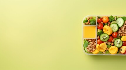Vibrant Organic School Lunch Presentation: Top View of Eco-Conscious Lunchbox Filled with Nutritious Treats, Fruits, Veggies, and More on a Yellow Surface - Ideal for Healthy Eating Education