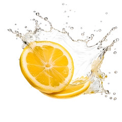 yellow Lemon and water splashon a png background.