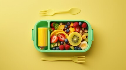 Vibrant Organic School Lunch Presentation: Top View of Eco-Conscious Lunchbox Filled with Nutritious Treats, Fruits, Veggies, and More on a Yellow Surface - Ideal for Healthy Eating Education