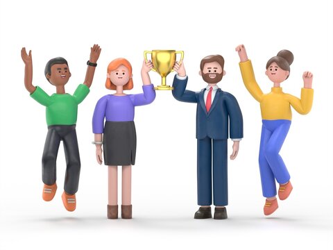 Business company achievements. 3d illustration of business, Group of people happily, Prize winning.3D rendering on white background.
